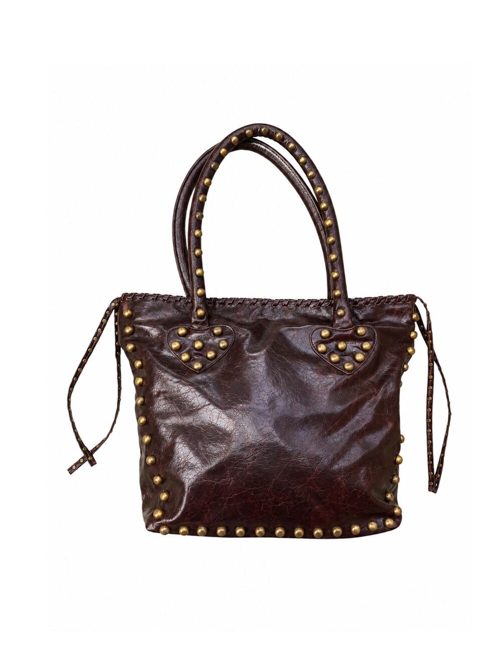 Vintage Y2K Chocolate Brown Leather Studded Heart Tote Leopard Lined Moto Bag
